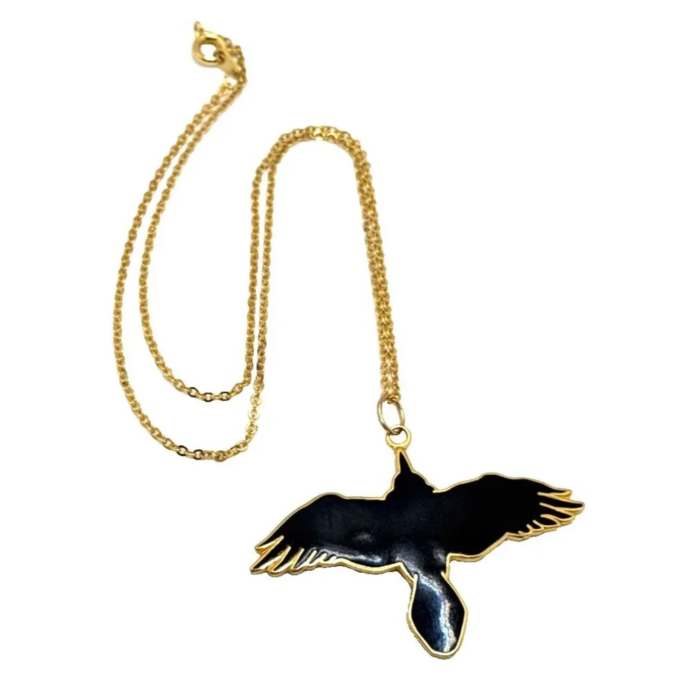 Vintage 1990 Wm Spear Design Black Bird Pendant Necklace Cloisonne Enamel 16